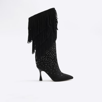 Black suede studded high leg boots River Island