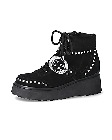 360 degree animation of product Black suede studded wedge boots frame-2