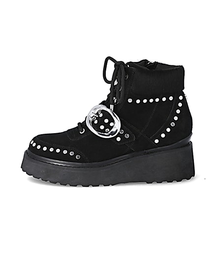 360 degree animation of product Black suede studded wedge boots frame-3