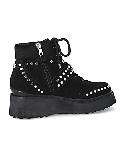 360 degree animation of product Black suede studded wedge boots frame-14