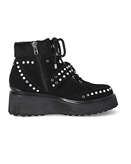 360 degree animation of product Black suede studded wedge boots frame-15
