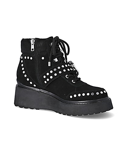 360 degree animation of product Black suede studded wedge boots frame-17