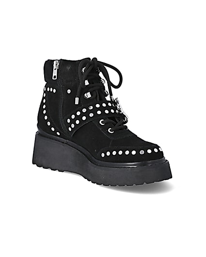 360 degree animation of product Black suede studded wedge boots frame-18