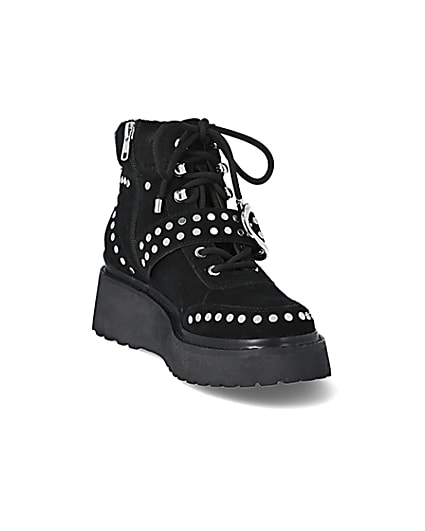 360 degree animation of product Black suede studded wedge boots frame-19