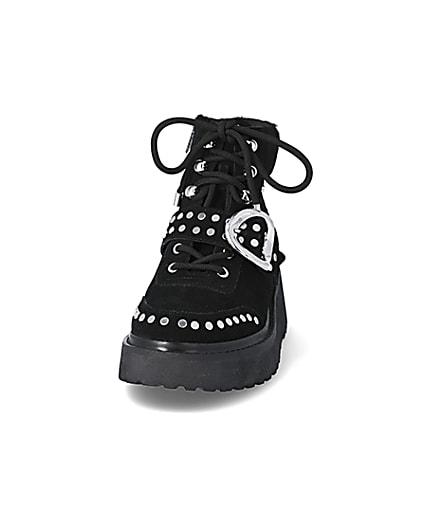 360 degree animation of product Black suede studded wedge boots frame-22