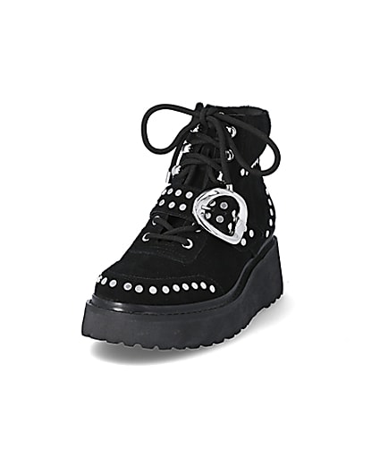 360 degree animation of product Black suede studded wedge boots frame-23