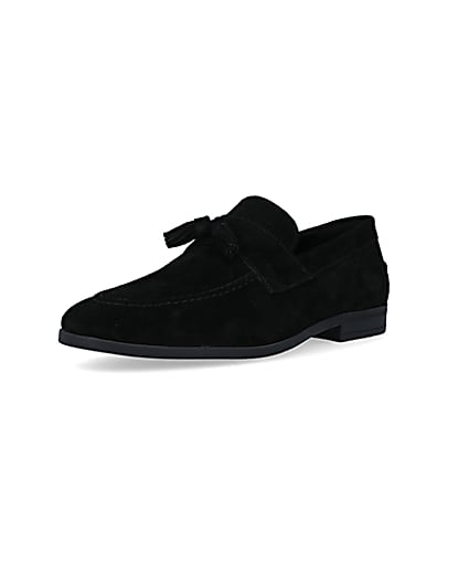360 degree animation of product Black suede tassel detail loafers frame-0