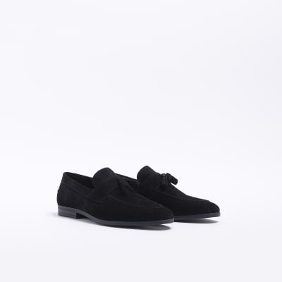 Black suede tassel detail loafers