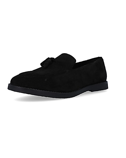 360 degree animation of product Black suede tassel loafers frame-0