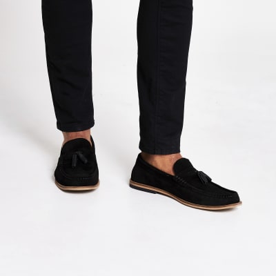 black suede tassel loafers