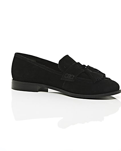 360 degree animation of product Black suede tassel loafers frame-8
