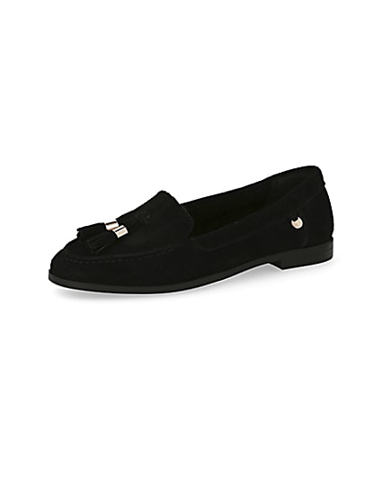 360 degree animation of product Black suede tassel loafers frame-0