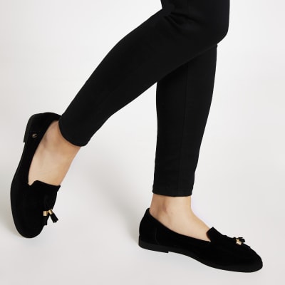 womens black suede tassel loafers