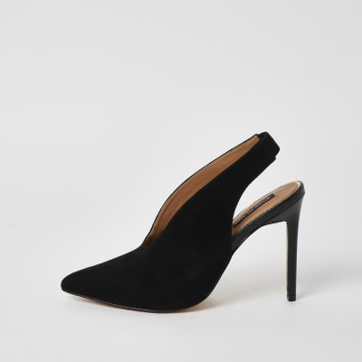 black suede court heels