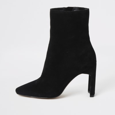 Black suede wide fit heeled ankle boot | River Island