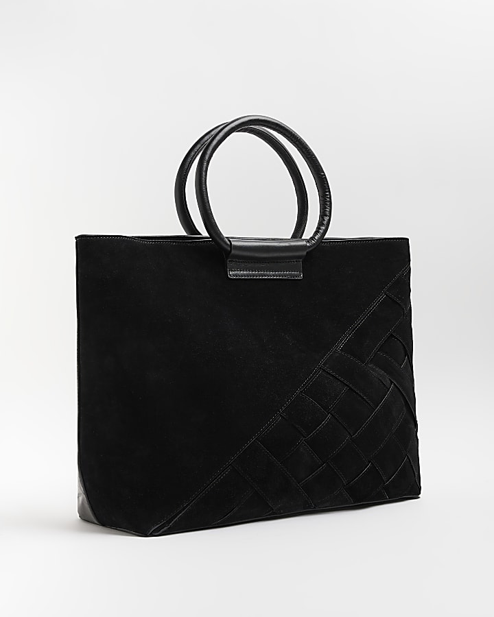 Black suede woven shopper bag