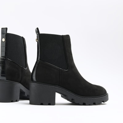 Black suedette block heel boots River Island