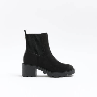 Wide fit black suedette store block heel chunky boots