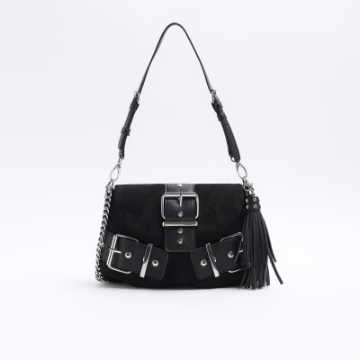 River Island Womens Black Suedette Buckle Shoulder Bag