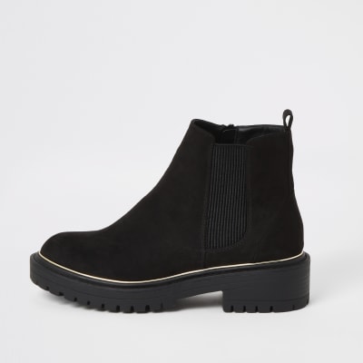 black suedette teddy trim chunky lace up boots