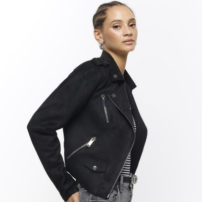 Black suedette crop biker jacket River Island