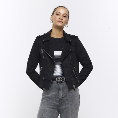 Black suedette crop biker jacket | River Island