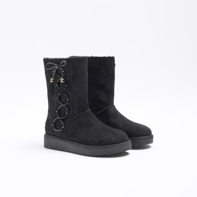 Black suedette embossed ankle boots | River Island