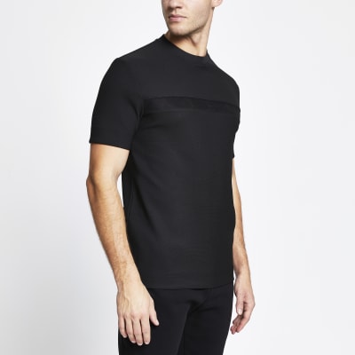 Black suedette panel slim fit t-shirt | River Island
