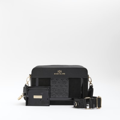 River Island Jacquard Monogram Pouchette Cross Body Bag in Black