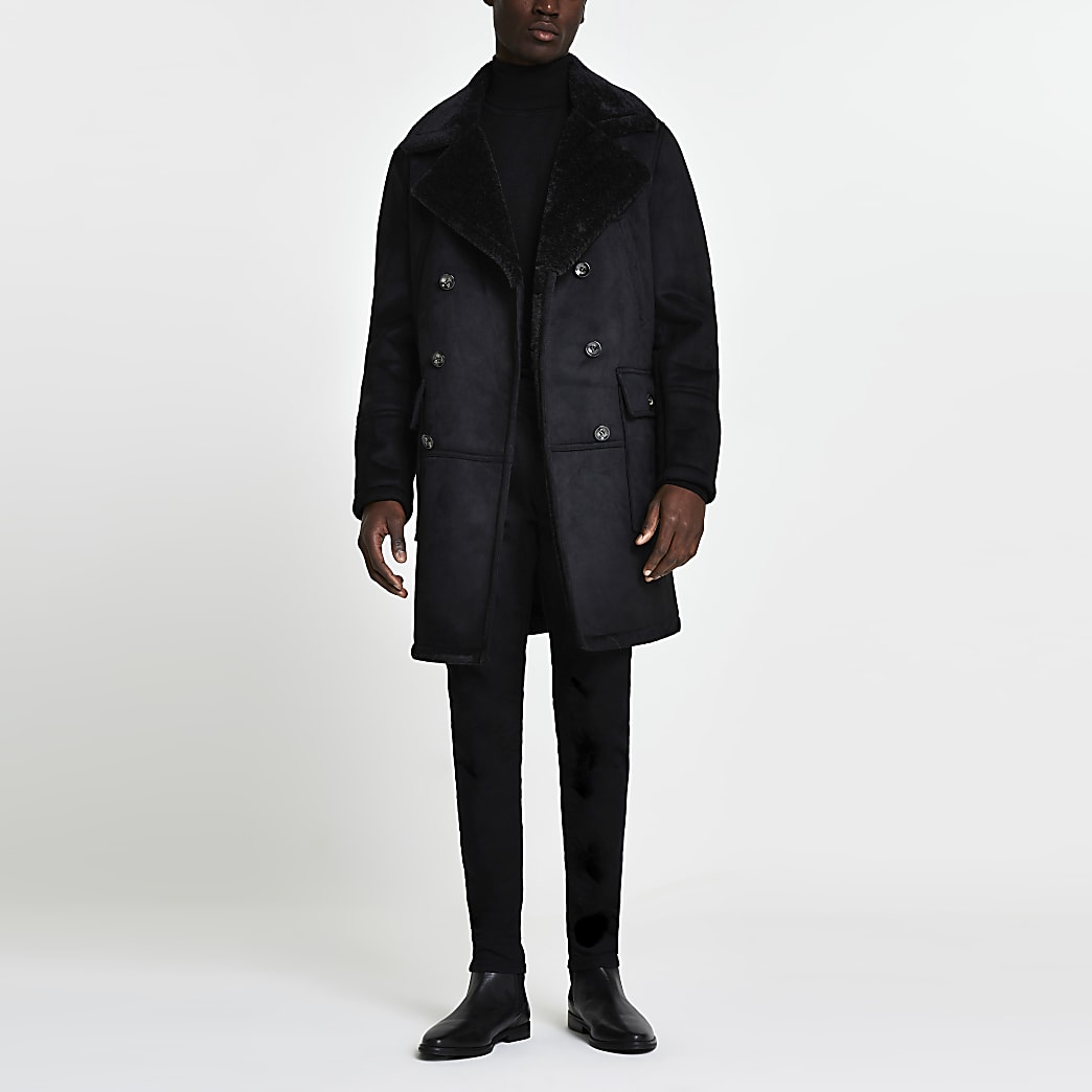 Black suedette shearling peacoat | River Island
