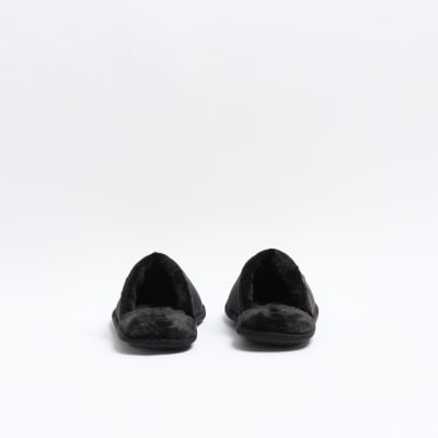 Black suedette slippers River Island