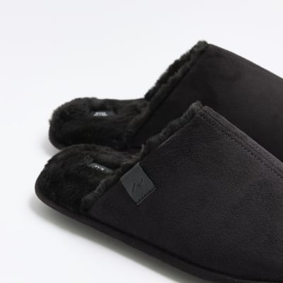 Black suedette slippers River Island