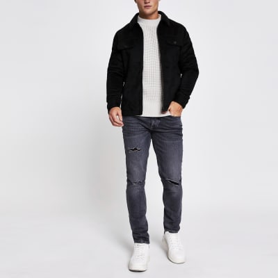 Black suedette zip front shacket River Island