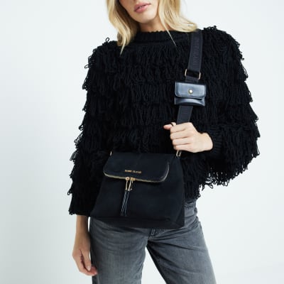 River Island Womens Black Suedette Zip Messenger Cross Body Bag