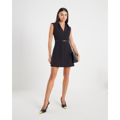 Black Tailored V neck Mini Belted Dress