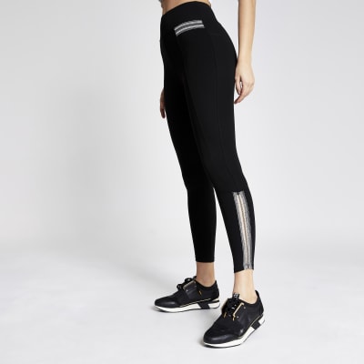 Black tape embroidered leggings