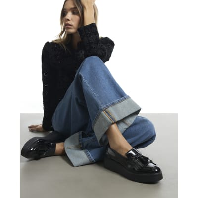 Black Tassel Croc Chunky Loafers