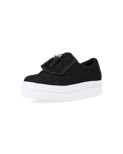 360 degree animation of product Black tassel faux leather trainers frame-0