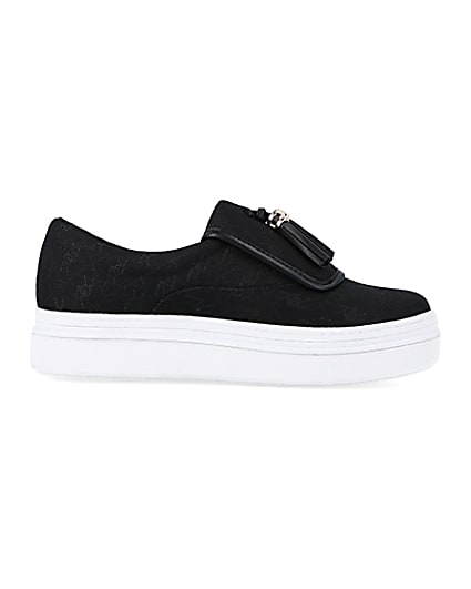360 degree animation of product Black tassel faux leather trainers frame-15
