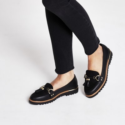 Black tassel front chunky loafers 