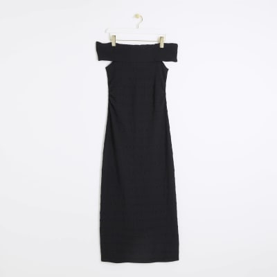 Black textured bardot bodycon maxi dress River Island