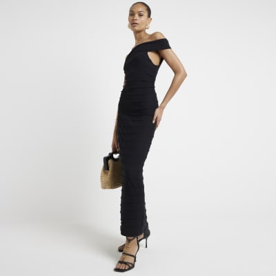 River Island Womens Black Textured Bardot Bodycon Maxi Dress