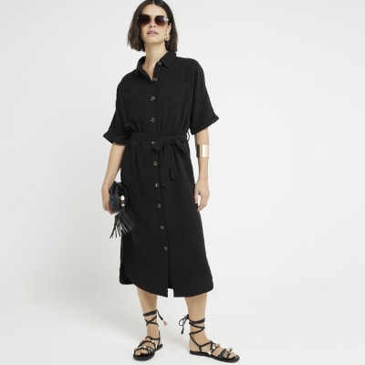 River Island Womens Black Textured Belted Midi Shirt Dress