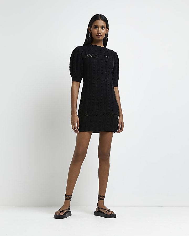 Black textured knit bodycon mini dress