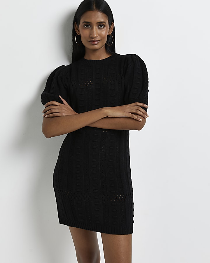 Black textured knit bodycon mini dress