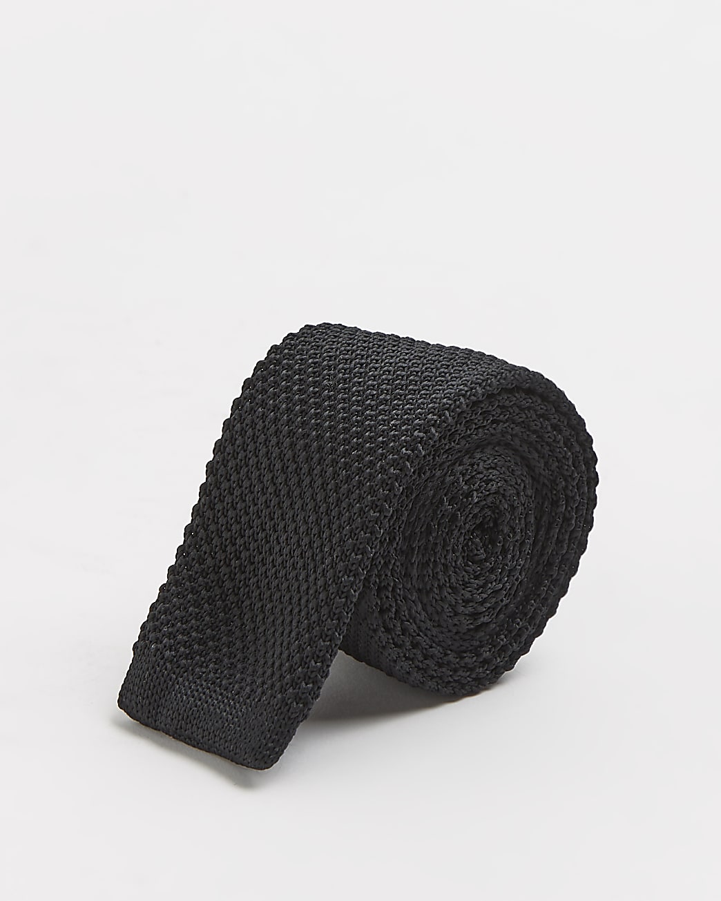 Black textured knitted square tip tie