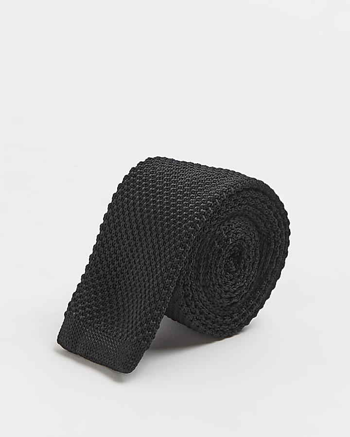 Black textured knitted square tip tie