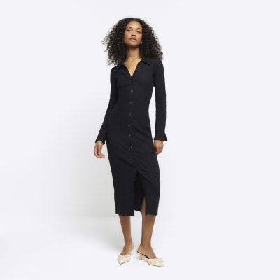 River Island Womens Black Textured Midi Shirt Dress