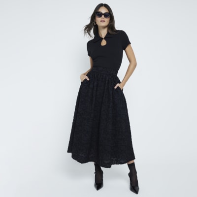 Black Textured Prom Midi Skirt River Island