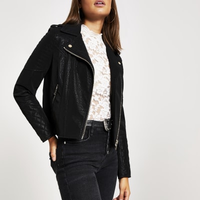 Black textured quilted biker jacket | River Island